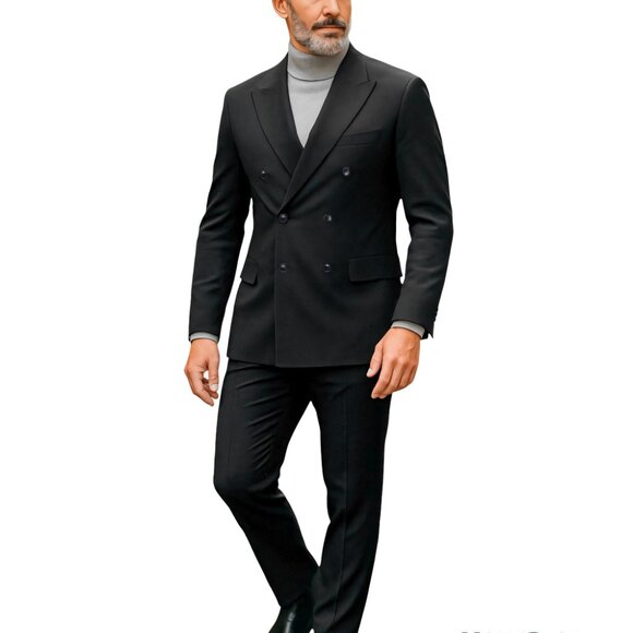 Solid Black Double Breasted Tailored Fit 2 Piece Azzuro Men's Suit - Picture 1 of 1